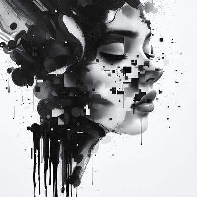 The primary subject of the image is a woman's face, which is the main focus of the image. The setting is a white background, which provides a clean and minimalistic environment for the artwork. The visual style is a combination of digital art and illustration, creating a unique and intricate design. The colors and mood of the image are predominantly black and white, giving it a dramatic and artistic appearance.